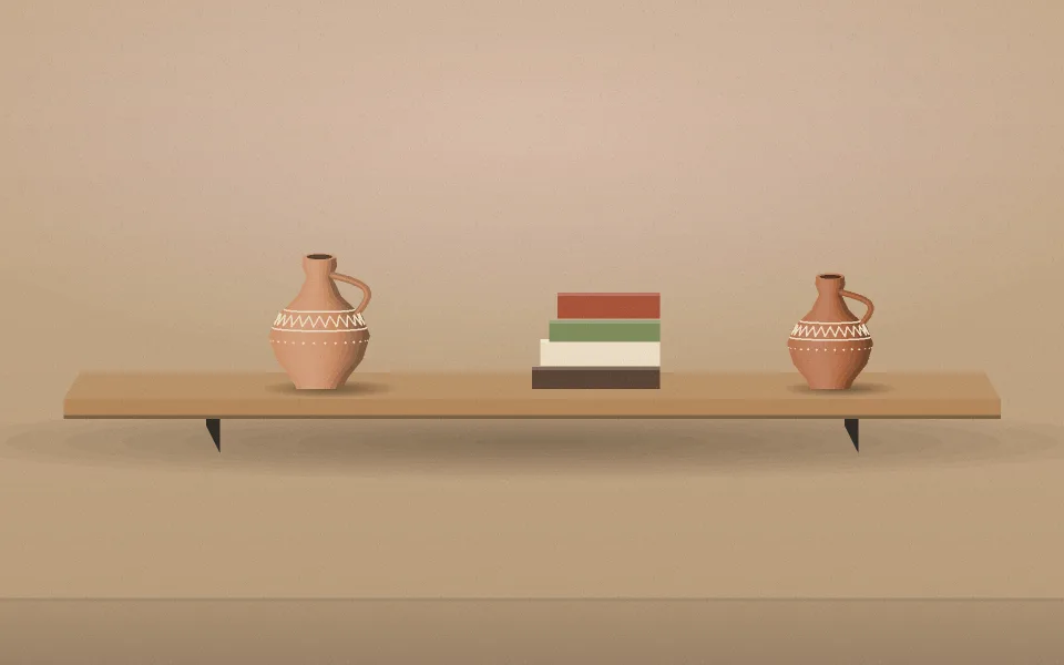 رف خشب زان عليه قلل وكتب